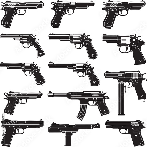 Assortment of handgun silhouettes showcasing revolvers and semi-automatic pistols firearm weapon