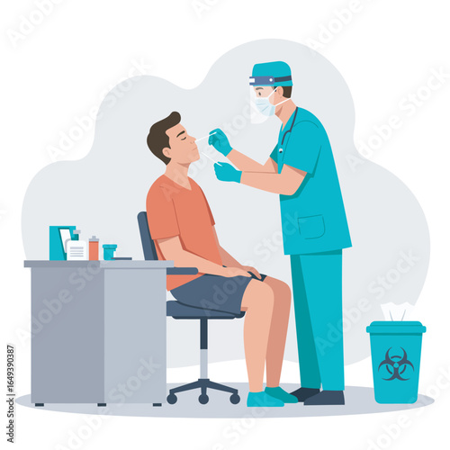 Medical professional performing a nasal swab test on patient in clinic for rapid diagnosis