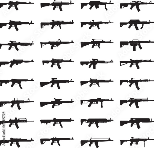Extensive array of rifle and gun silhouettes on white background weapon firearm