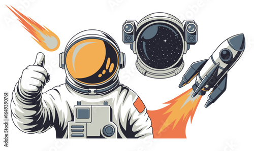 A retro cartoon collection of space exploration illustrations, featuring an astronaut giving a thumbs-up, a rocket, a helmet, and a fiery meteor.