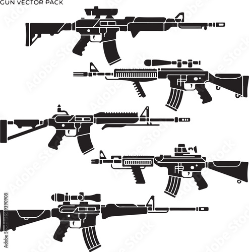 Modern assault rifle silhouettes with scopes and accessories on white background weapon firearm