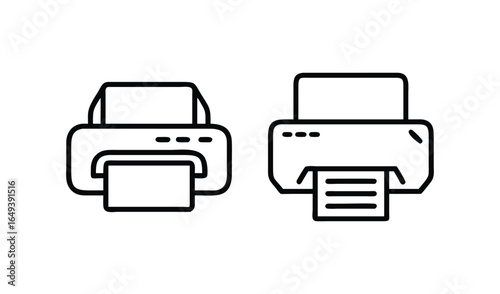 Two simple outline icons of modern printers with paper output