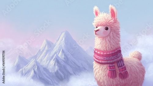 Whimsical Cartoon Alpaca with Scarf Gazing Over Mountain Cliff