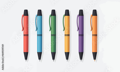 A vibrant set of six colorful retractable ballpoint pens with black accents, arranged in a neat vertical row.