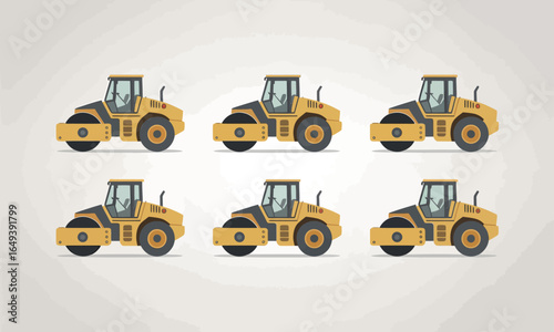Animated set of six yellow road roller compactors in a flat vector illustration style.