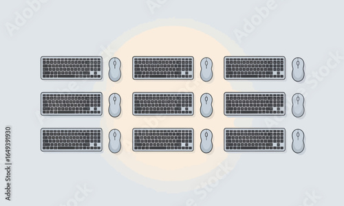 Array of stylized grey computer keyboards and mice arranged in a neat, organized grid pattern from a top-down view.