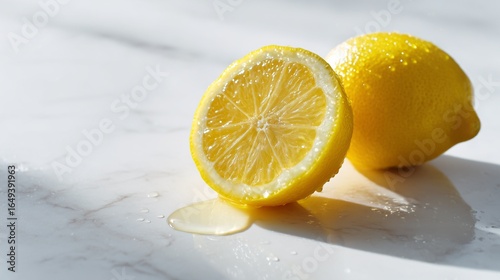 Freshly Cut Bright Yellow Lemon on White Marble Countertop