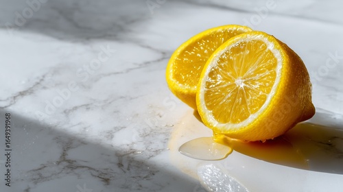 Freshly Cut Bright Yellow Lemon on White Marble Countertop