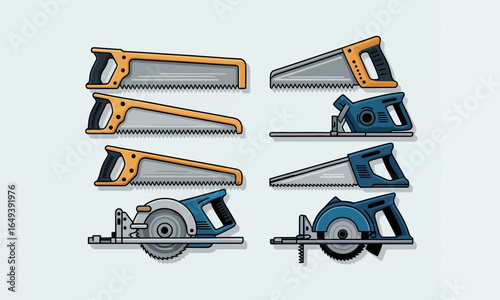 Assortment of Various Hand Saws and Circular Saws, Vector Illustration