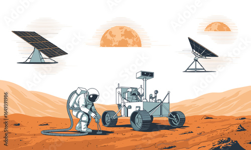 Astronaut and Rover on Martian Surface with Solar Panels and Satellite Dish
