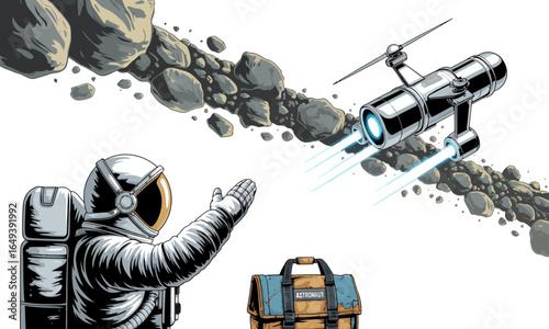 Astronaut Guiding Futuristic Drone Through Asteroid Field