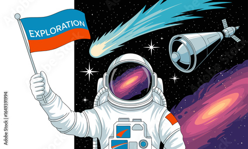 Astronaut Holding Exploration Flag in Space, Retro Illustration