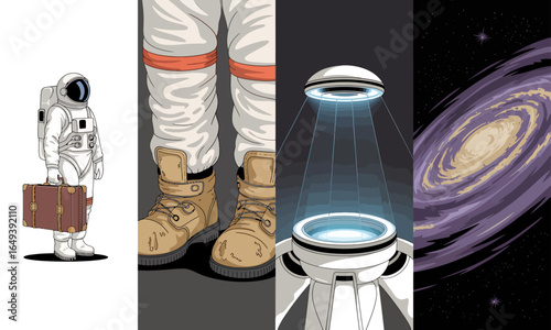 Astronaut in White Spacesuit Holding Vintage Brown Suitcase