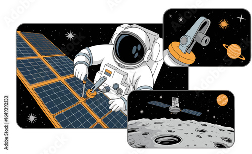 Astronaut meticulously repairs solar panels in outer space with tools