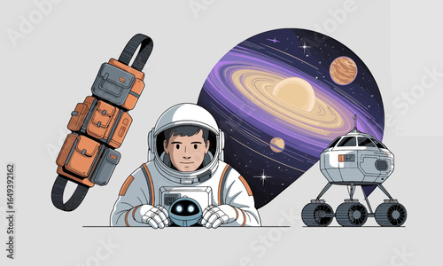 Astronaut with robotic companion and space rover near a ringed planet