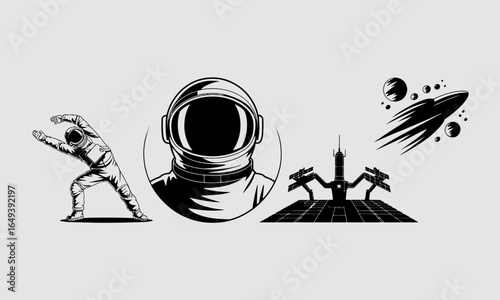 Astronaut, Space Station, and Spaceship Silhouette Graphic Design