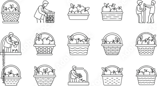 Set of outline illustrations featuring baskets filled with fruits, depicting scenes of harvesting, selling, and trading at a market
