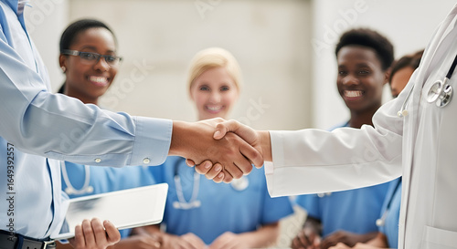 Medical professionals shaking hands after successful collaboration in a modern healthcare setting