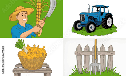 Cartoon farmer with sugar cane and machete on green background