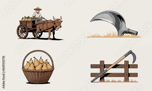 Collection of agricultural illustrations with a farmer on an ox-cart, a basket of pears, and farming scythes.