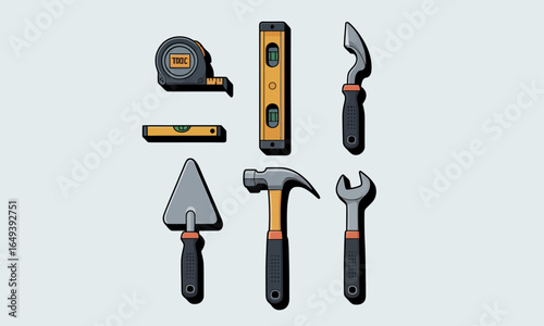 Collection of Cartoon-Style Construction Tools: Hammer, Wrench, Trowel, Level, Tape Measure, Putty Knife