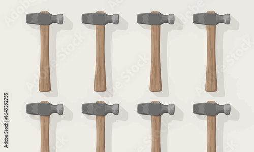 Collection of eight illustrated hammers with textured wooden handles and grey metal heads arranged in a grid.