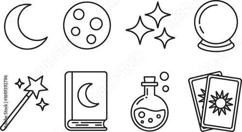 Magic Astrology Line Icons Set Moon, Stars, Crystal Ball, Potion and Tarot Cards