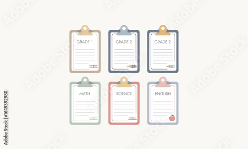 Colorful Clipboards with School Subjects and Grades, Minimalist Design