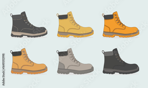 Colorful collection of six rugged ankle work boots with laces and thick soles, vector illustration.