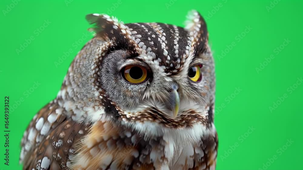 Close-up Portrait of a Majestic Spotted Owl with Bright Yellow Eyes and Distinctive Ear Tufts, Isolated on a Vibrant Green Chroma Key Background fo... Close-up Portrait of a Majestic Spotted Owl with Bright Yellow Eyes and Distinctive Ear Tufts, Isolated on a Vibrant Green Chroma Key Background fo...