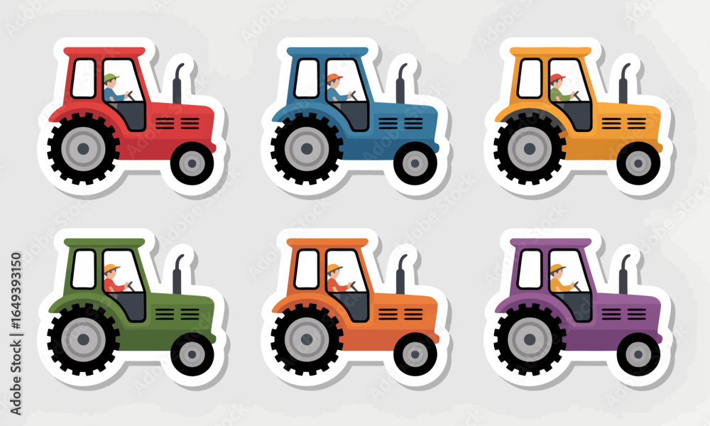 Naklejka premium Colorful Tractor Stickers with Driver: Red, Blue, Yellow, Green, Orange, and Purple