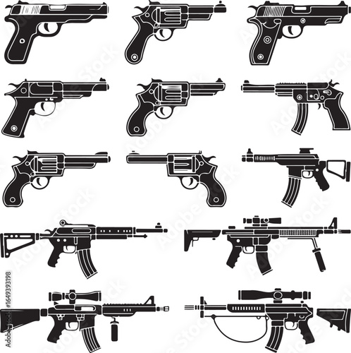 Assorted handgun and rifle silhouettes with detailed outlines on white background pistol revolver