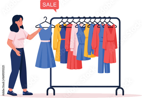 Woman choosing dress from rack at clothing store sale, vector illustration.