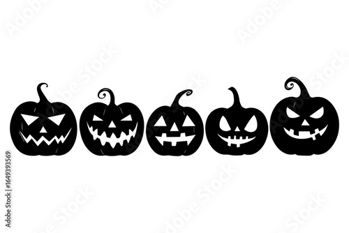 A row of black and white silhouettes of carved pumpkins with scary faces for halloween. Halloween Pumpkin Silhouette Row.