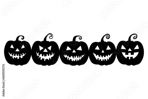 A row of black and white silhouettes of carved pumpkins with scary faces for halloween. Halloween Pumpkin Silhouette Row.