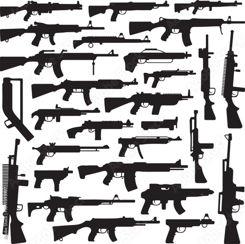 Assortment of Rifle and Gun Silhouettes on White Background weapon firearm