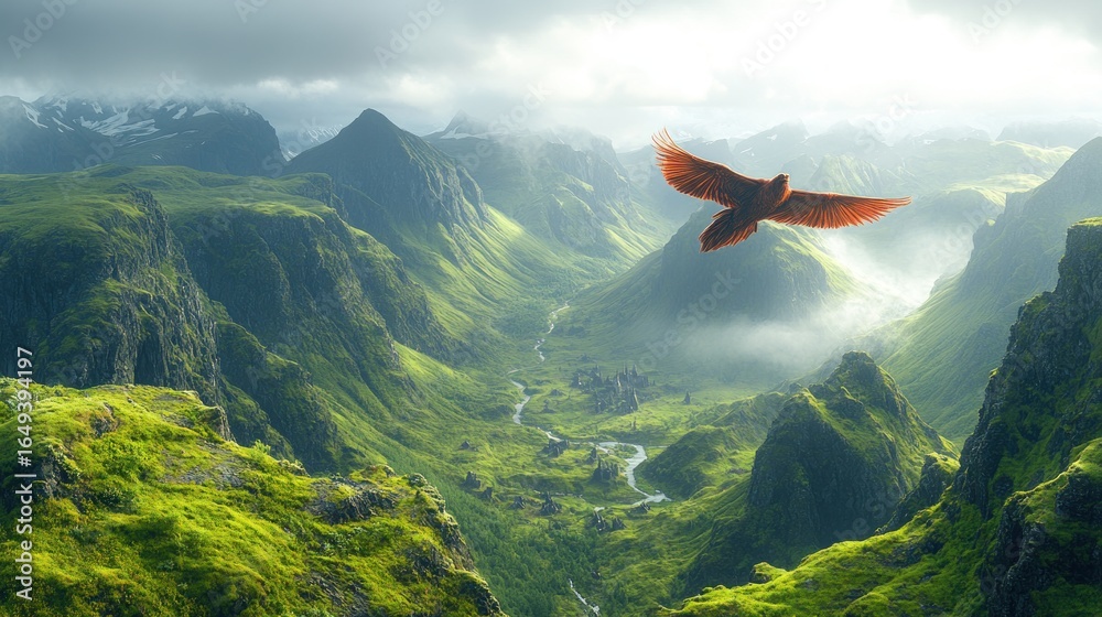 Crimson Eagle's Majestic Flight Over a Sun-Kissed, Mythical Green Valley Crimson Eagle's Majestic Flight Over a Sun-Kissed, Mythical Green Valley