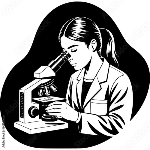 Young Scientist's Microscopic Study: A young scientist, engrossed in her work, peers intently through the lens of a microscope in a detailed black and white illustration.