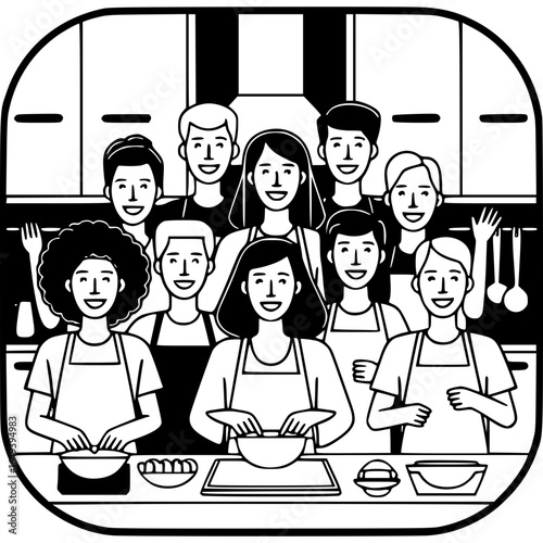 Culinary Crew: A diverse group of smiling individuals gather around a kitchen workspace, their aprons a symbol of their shared passion for cooking. In this collaborative environment.