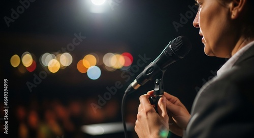 Empowering Oratory: A poised presenter delivers a compelling speech under the focused glow of a spotlight, engaging the audience with conviction and expertise.