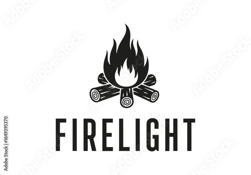 Black silhouette of a campfire with flames and logs with the word firelight isolated on white background