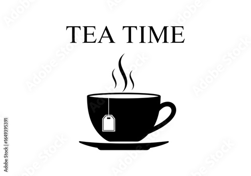 Black teacup with steam and tea bag, isolated on white background