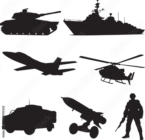 Military Vehicle and Soldier Silhouettes Collection on White Background tank warship