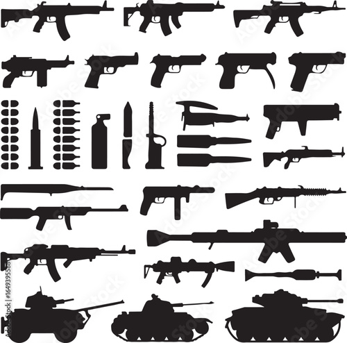 Military Firearms Ammunition Grenades and Tanks Silhouettes Collection rifle assault rifle