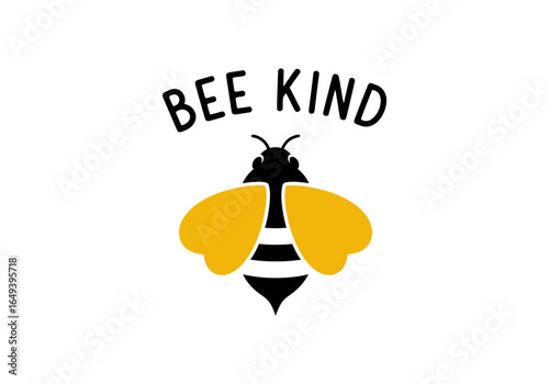 Cute bee illustration with the words bee kind isolated on white background