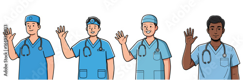 Friendly team of diverse doctors waving hello in hospital setting for medical communication and support