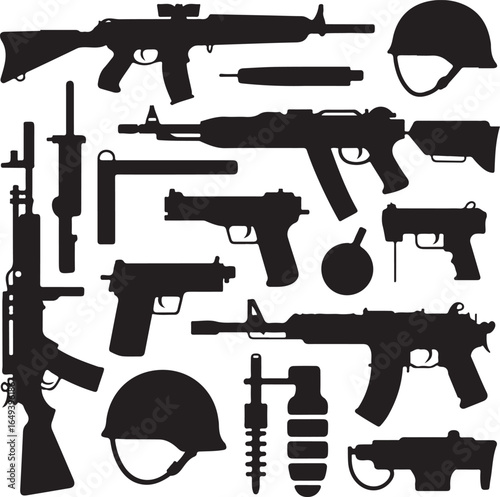 Assorted Military Weapons Helmets and Grenades Silhouettes Collection rifle assault rifle