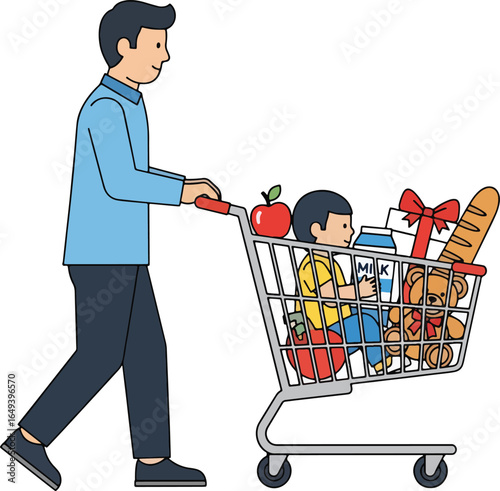 Man pushing shopping cart with child and groceries, including apple, milk, bread, and teddy bear.