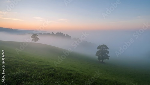  Morning Fog Rolling Over Quiet, Lush Green Hills at Dawn