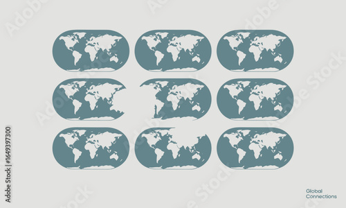 Nine Stylized Teal World Maps in Oval Frames, Global Connections Concept